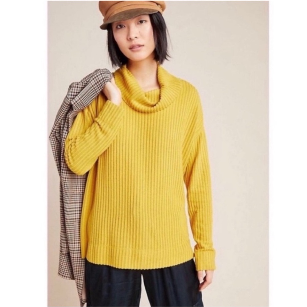 Anthropologie Maeve Chartreuse Ribbed Knit Cowl Neck Sweater Oversized Medium